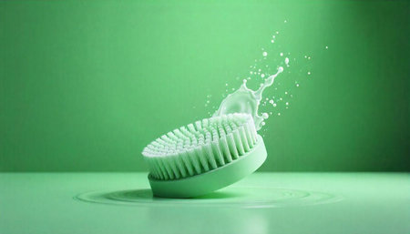 Green brush with liquid splash on monochrome green background