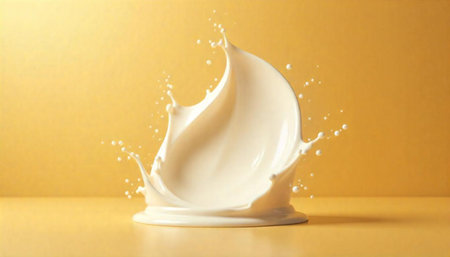 Dramatic milk splash frozen in time on yellow background