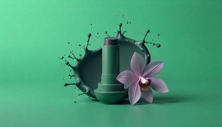 Green lipstick with orchid flower against a green splash