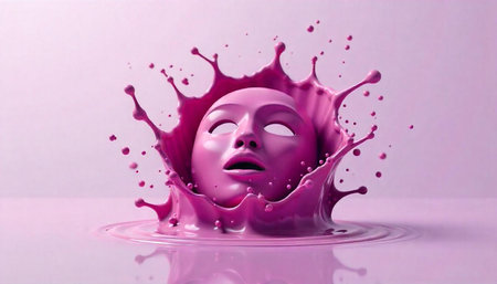 Pink face mask emerging from liquid with splash effect