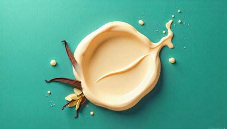 Vanilla cream splash with vanilla bean on turquoise backgroundの写真素材