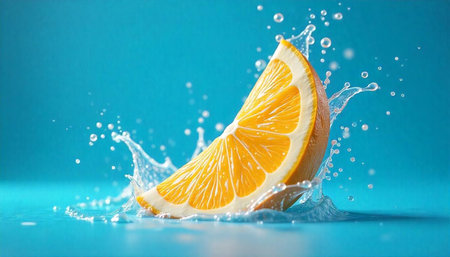 Fresh orange slice with splash against bright blue background