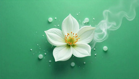 Delicate white flower with smoke on green background art