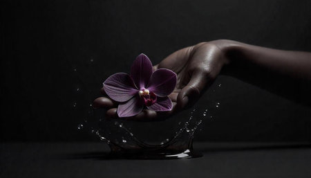 Orchid in hand with water splash on dark background