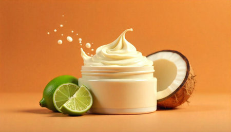 Moisturizing cream with lime and coconut on orange backdrop