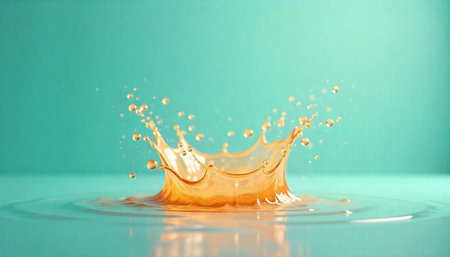 Liquid splash crown creating dynamic droplets against teal background