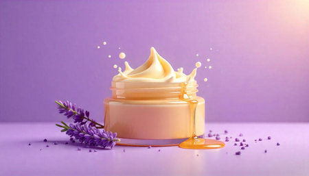 Creamy lotion splashing from jar with lavender on light backdropの写真素材