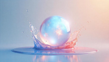 Orb and water splash with glowing interior, subtle colors