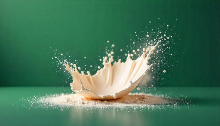 Milk splash with powder explosion against a green backdrop