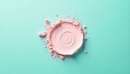 Minimalist pink cosmetic powder on pastel turquoise background