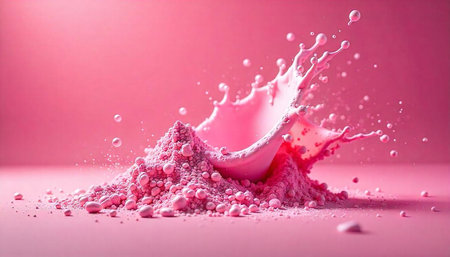 Pink powder explosion with splash on pink backdrop studio
