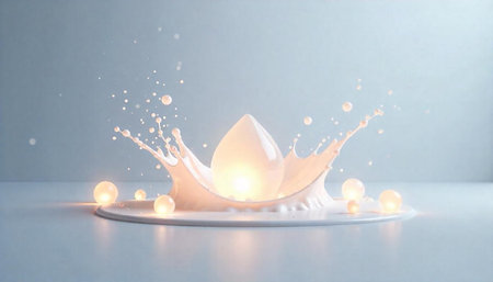 Glowing drop splashing in light blue abstract scene studioの写真素材