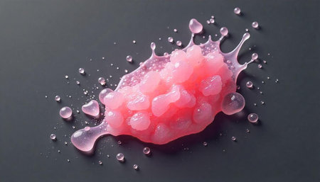 Pink abstract blob with liquid drops on grey background