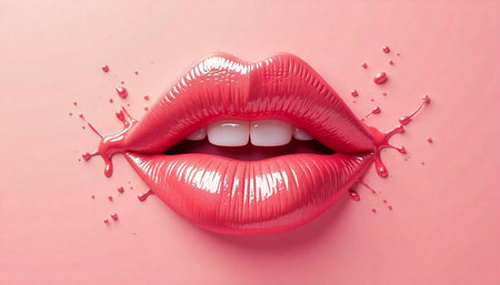 Glossy pink lips with liquid accents on pastel background
