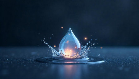 Water drop impact with splash crown and ripple effect