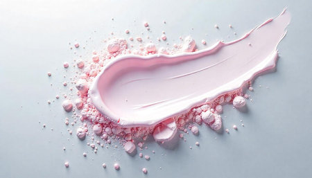 Pale pink cosmetic cream smear and powder on background