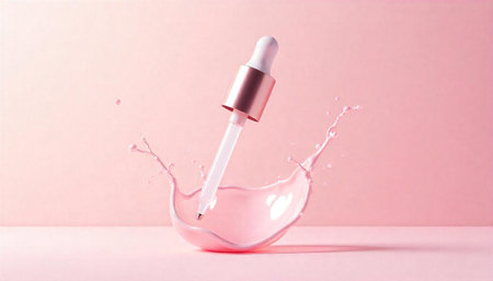 Cosmetic dropper product shot with pink liquid splash effectの写真素材