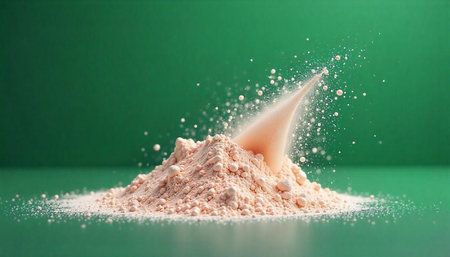 Pile of peach colored powder with dust explosion on green