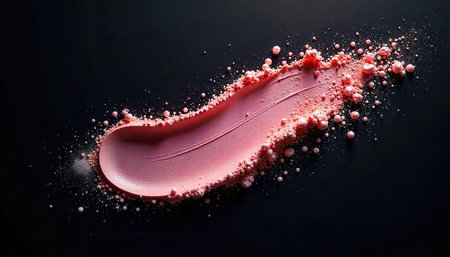 Pink cosmetic stroke with powder on dark background macro