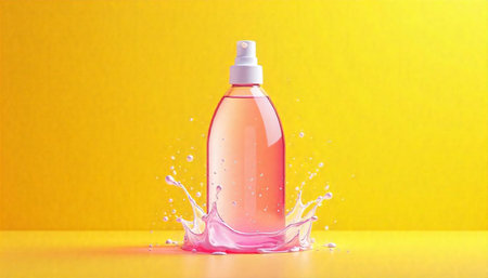 Pink spray bottle with liquid splash on yellow background