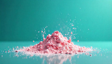 Powdered Pink Pigment Isolated on Blue Reflective Surface