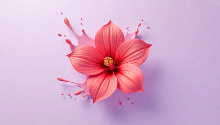 Stylized pink flower with paint splash on pastel background