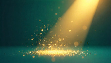 Elegant golden light beam with bokeh effect on teal surface