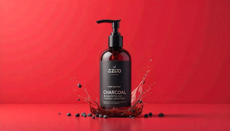 Dramatic hand sanitizer product shot against red backdrop