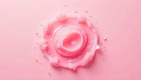 Pink abstract formation with water drops on pink surface