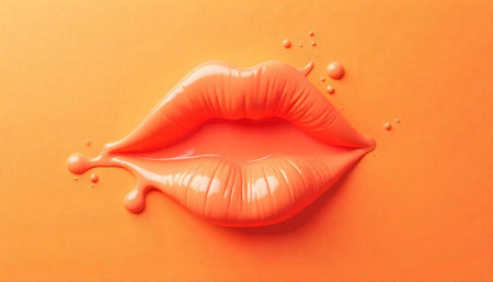 Glossy Orange Lips with Dripping Paint on Orange Background