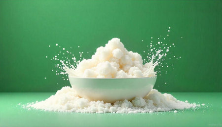 Heap of white crystals in a bowl with splash