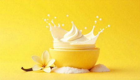 Vanilla cream splash in a bowl on yellow backdrop