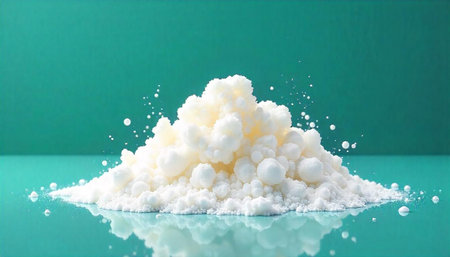 Pile of white crystalline powder on reflective teal surface