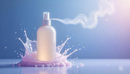 Cosmetic spray bottle with splashing liquid on blue background