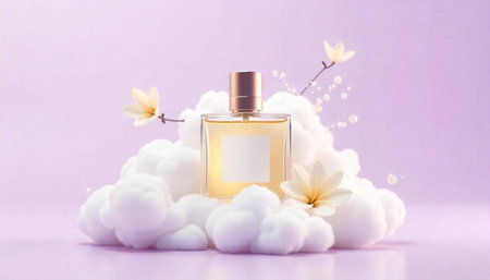 Luxury perfume bottle with floral accents on pastel background