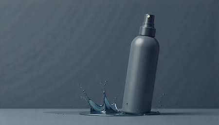 Minimalist spray bottle mockup with water splash on grey backdrop