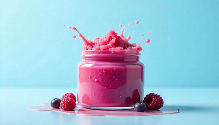 Raspberry smoothie splash in jar with berries on blue