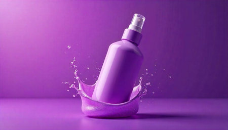 Purple spray bottle splashing in liquid with purple background