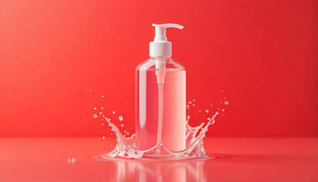 Clear pump bottle with splashing water on red backgroundの写真素材