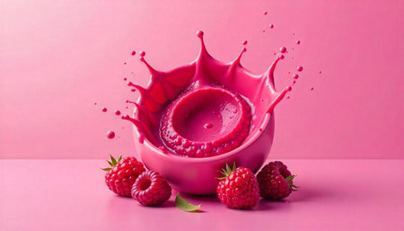 Raspberry splash in pink bowl with fresh berriesの写真素材