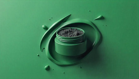 Green cosmetic jar with dark ingredient and paint stroke