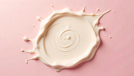 Creamy splash on light pink background, top view flatlayの写真素材