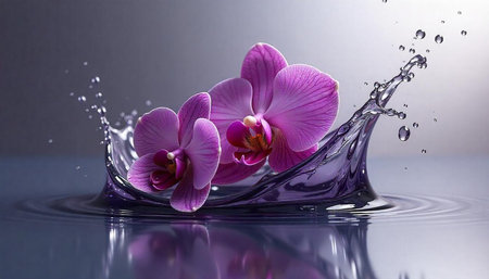 Orchid blooms resting on water splash with ripple effect
