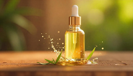 Essential oil bottle with leaves and splash elements