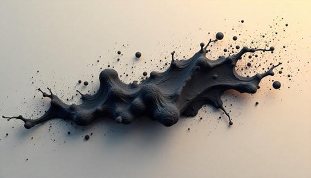 Black fluid splash with droplets on light background