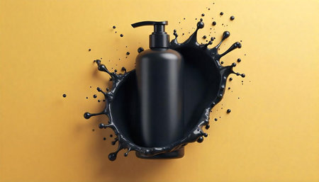 Black pump bottle with liquid splash on mustard background