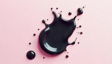 Black liquid splash on pastel pink background with dots