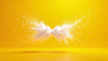 Powder explosion against vibrant yellow backdrop, abstract creative composition