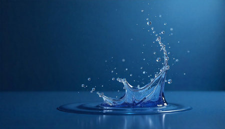 Dynamic water splash with ripple effect on blue surface