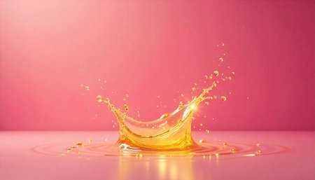 Golden liquid splash against pink background, surface ripples